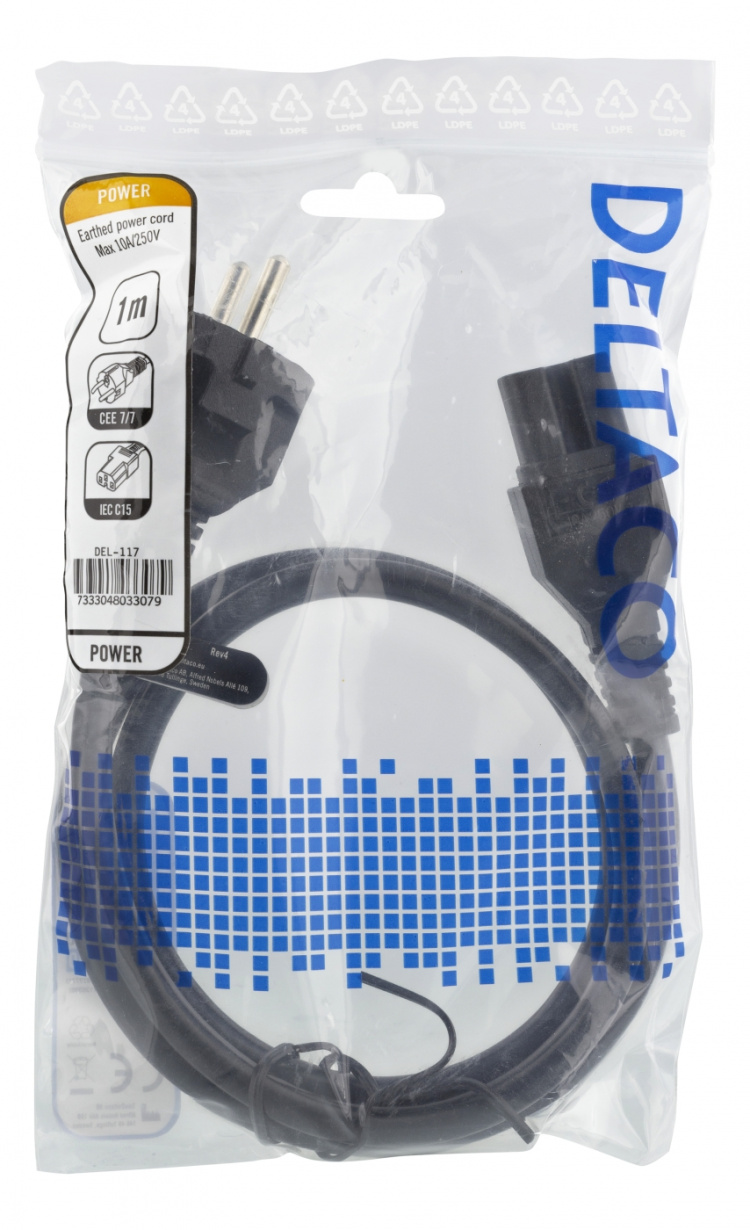 DELTACO Strømledning CEE7/7 - IEC C15, 1m, svart
