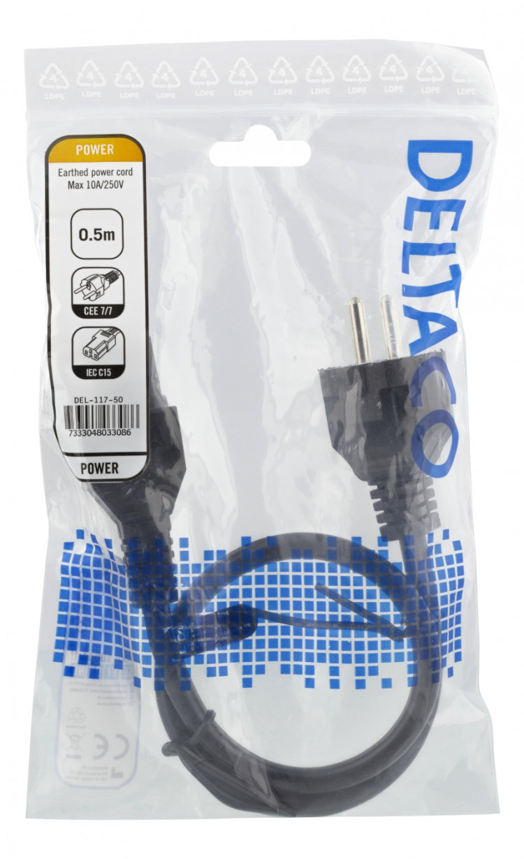 DELTACO Strømledning CEE 7/7 - IEC C15, 0,5 m, svart DELTACO Strømledning CEE 7/7 - IEC C15, 0,5 m, svart