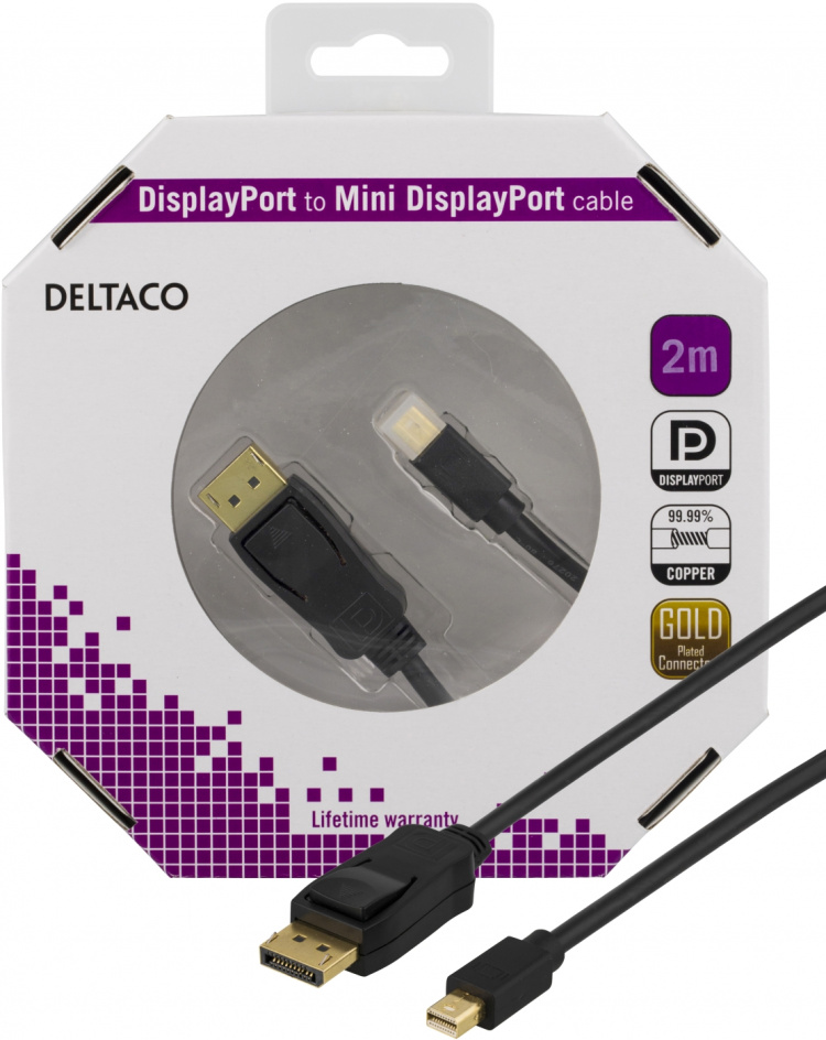 DELTACO DisplayPort till Mini DisplayPort kabel, 20-p ha - ha, 2m, Svart