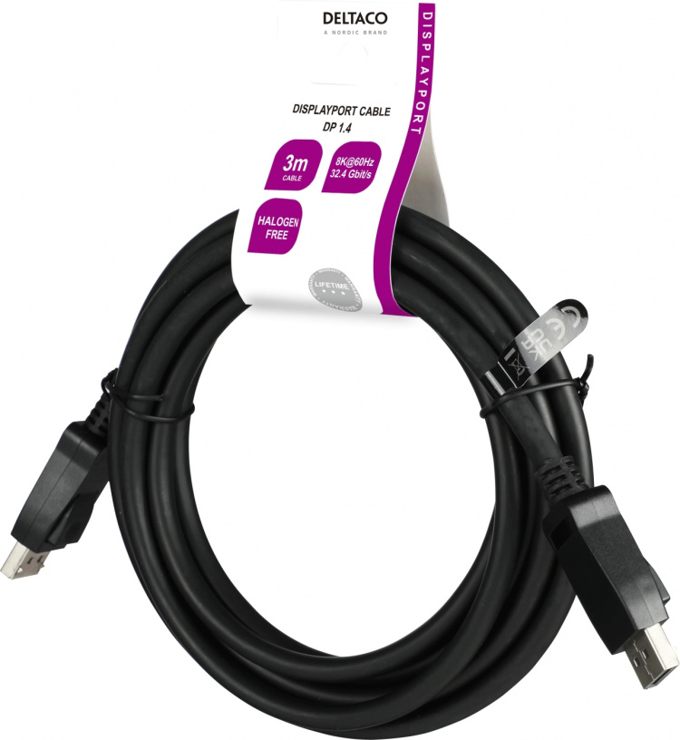 DELTACO DisplayPort-kabel, 3m, 8K, DP 1.4, DSC 1.2, LSZH svart