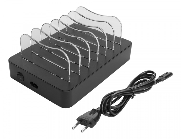 DELTACO USB-ladestasjon 5x USB-A, 1x USB-C PD, totalt 50 W, svart