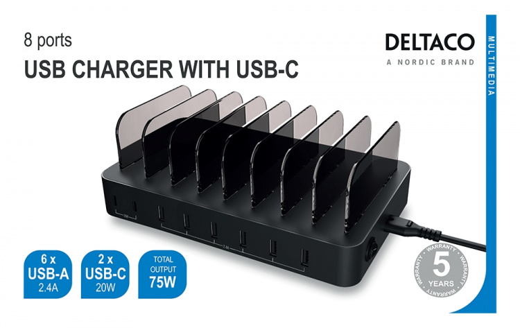 DELTACO USB-ladestasjon 6 x USB-A, 2 x USB-C PD, totalt 75 W, svart