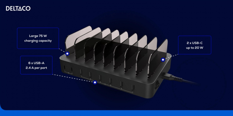 DELTACO USB-ladestasjon 6 x USB-A, 2 x USB-C PD, totalt 75 W, svart