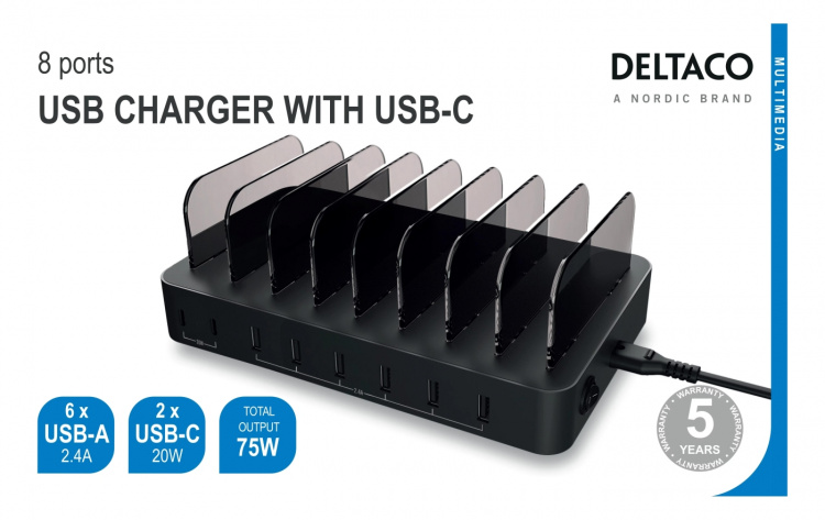 DELTACO USB-ladestasjon 6 x USB-A, 2 x USB-C PD, totalt 75 W, svart