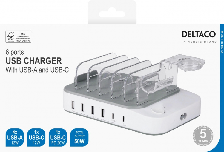 DELTACO USB-ladestasjon, 4x USB-A, 1x USB-C 2,4A, 1x US