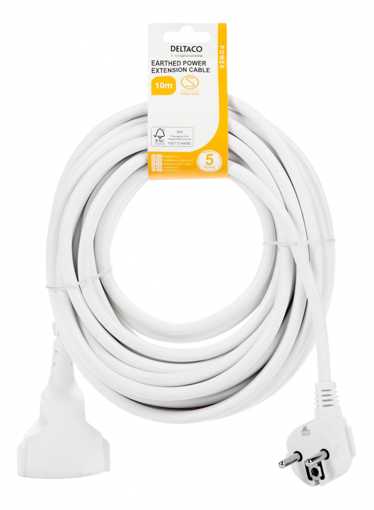 DELTACO Jordet skjøteledning 1x CEE 7/3, 1x CEE 7/7, 10m, hvit