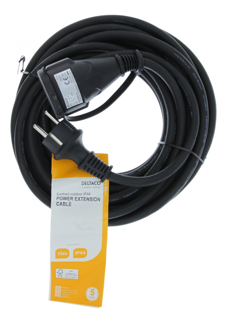 DELTACO Forlengelseskabel, utendørs, jordet, IP44, 10 m, Svart