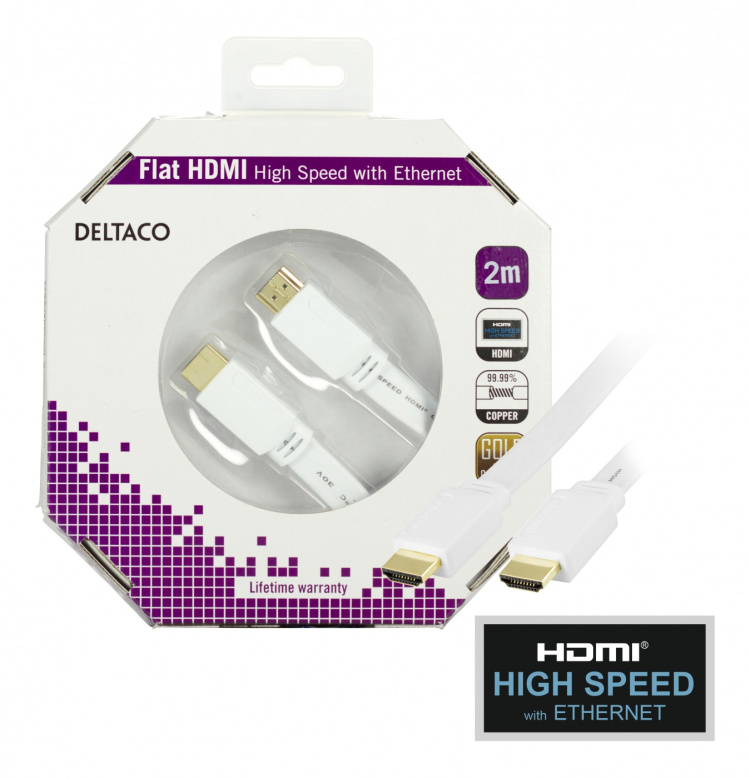 DELTACO HDMI-kabel, v1.4+Ethernet, 19-pin ha-ha, 1080p, flat, hvit, 2m