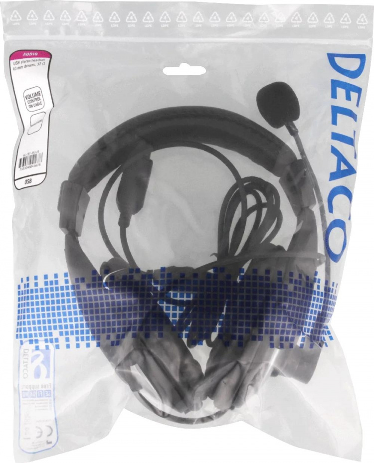 DELTACO USB-stereohodesett, 40 mm drivere, 32 ohm, bulk, svart