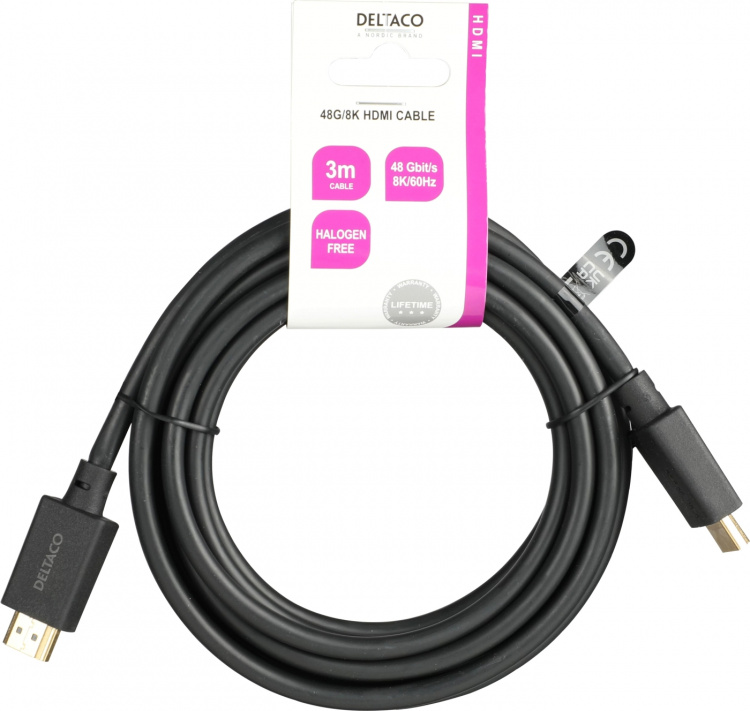 DELTACO Ultra High Speed HDMI-kabel, 3m, eARC, QMS, 8K 60Hz, 4K 120Hz, LSZH, svart