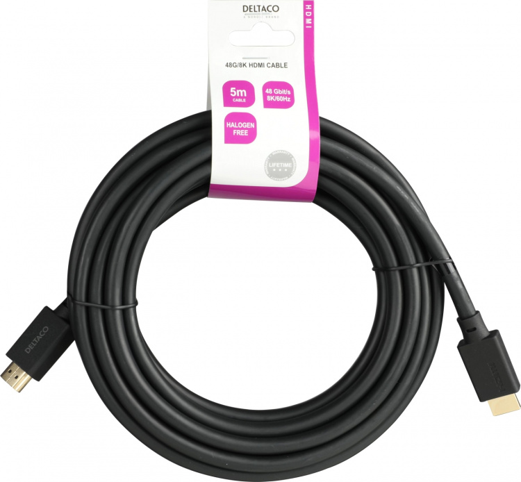 DELTACO Ultra High Speed HDMI-kabel, 5m, eARC, QMS, 8K 60Hz, 4K 120Hz, LSZH, svart