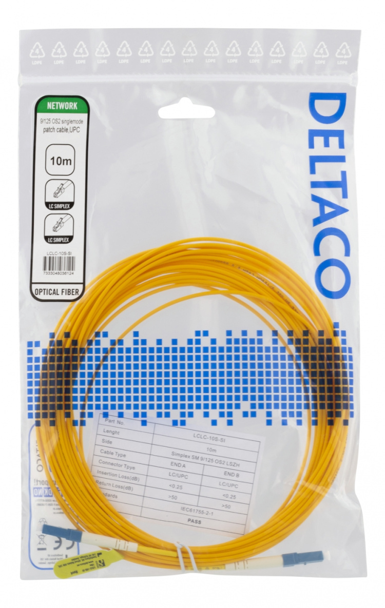 DELTACO OS2 Fiberkabel, LC - LC, simplex, singlemode, UPC, 10m