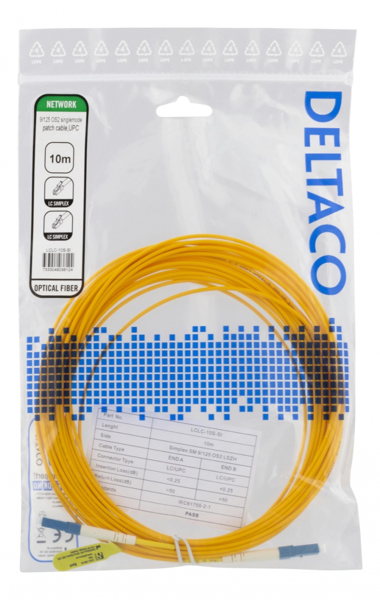 DELTACO OS2 Fiberkabel, LC - LC, simplex, singlemode, UPC, 10m