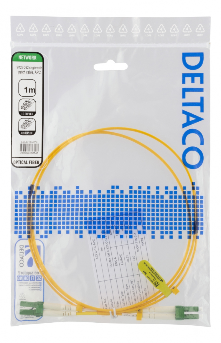 DELTACO OS2 Fiberkabel, LC - LC, dupleks, singlemode, APC, 9/125, 1m
