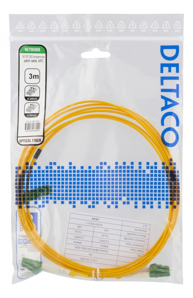 DELTACO OS2 Fiberkabel, LC - LC, dupleks, singlemode, APC, 9/125, 3m