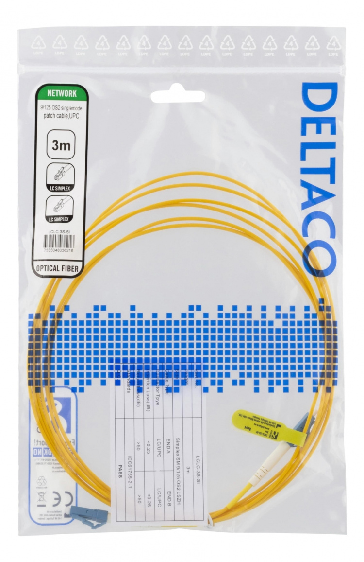 DELTACO OS2 Fiberkabel, LC - LC, simplex, singlemode, UPC, 3m