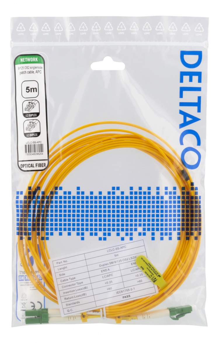 DELTACO OS2 Fiberkabel, LC - LC, dupleks, singlemode, APC, 9/125, 5m