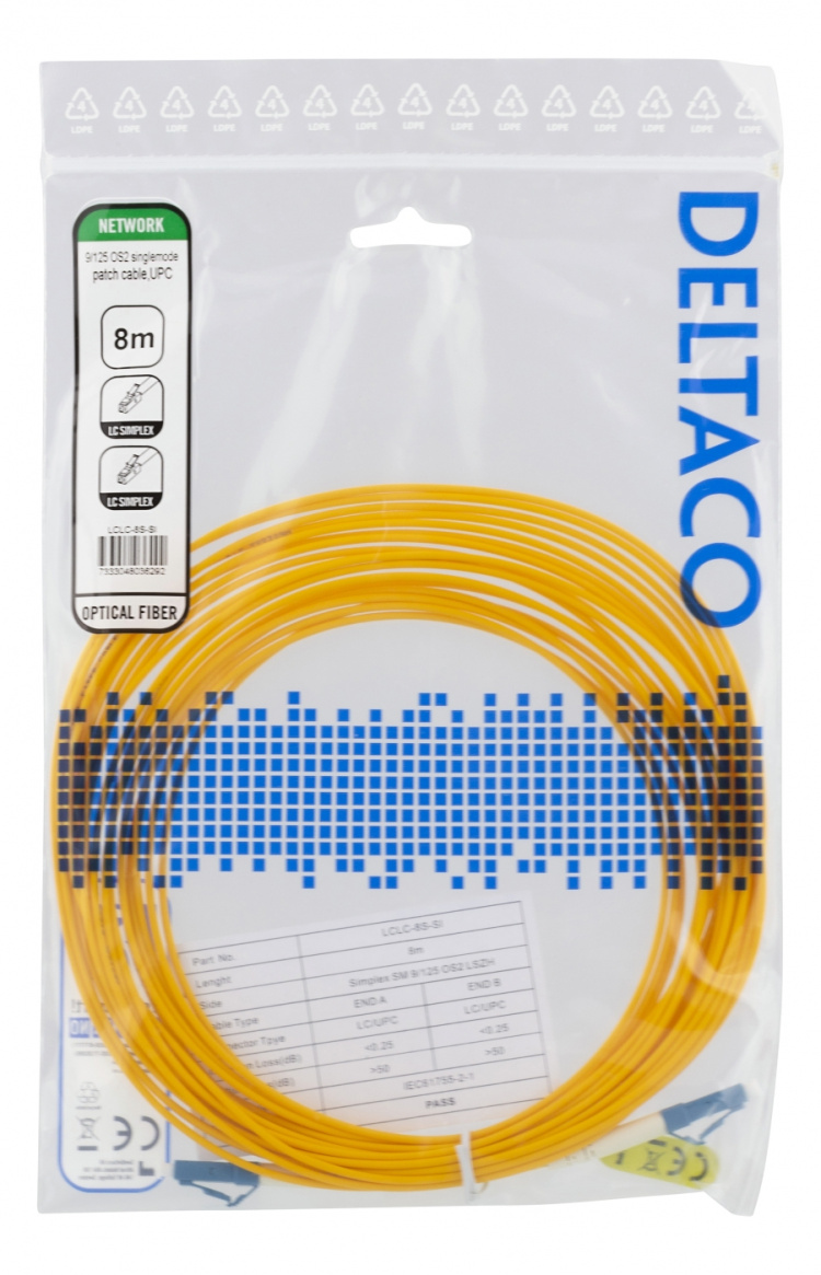 DELTACO OS2 Fiberkabel, LC - LC, simplex, singlemode, UPC, 8m