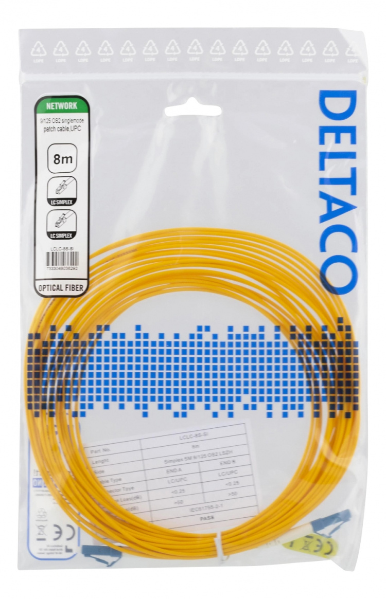 DELTACO OS2 Fiberkabel, LC - LC, simplex, singlemode, UPC, 8m