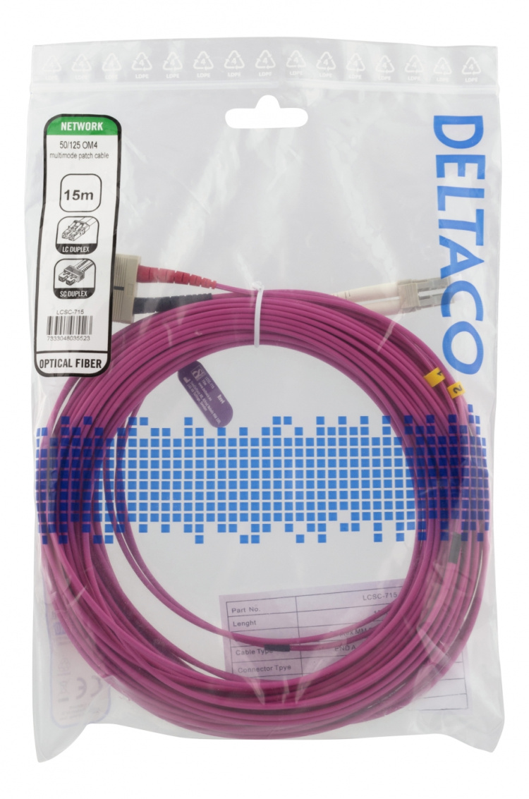 DELTACO OM4 Fiberkabel, LC - SC, dupleks, multimode, 50/125, 15m