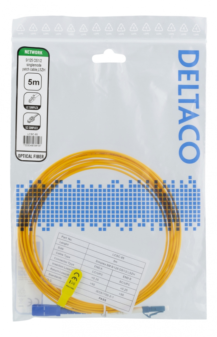 DELTACO OS1/2 Fiberkabel, LC - SC, 9/125, singlemode, LSZH, 5m
