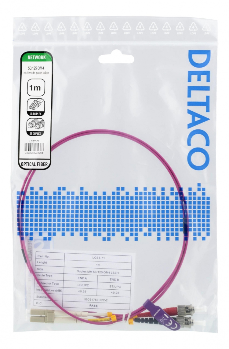 DELTACO OM4 Fiberkabel, LC-ST Duplex, 50/125, 1m, rosa