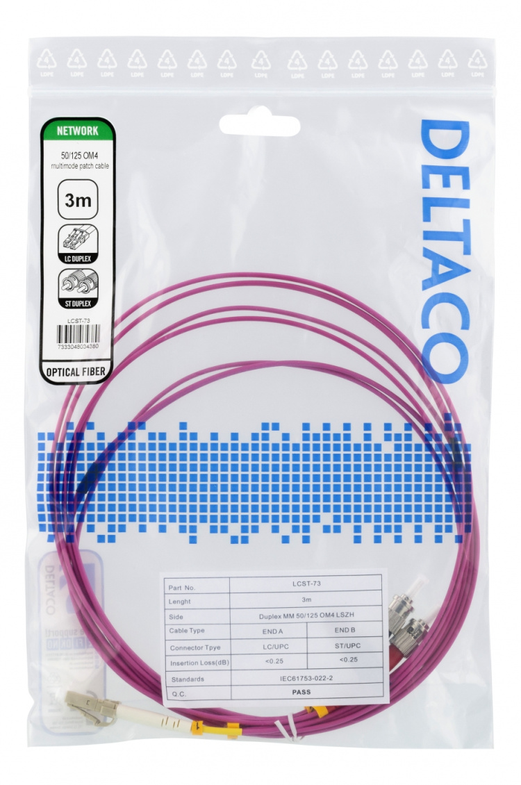 DELTACO OM4 Fiberkabel, LC-ST Duplex, 50/125, 3m, rosa