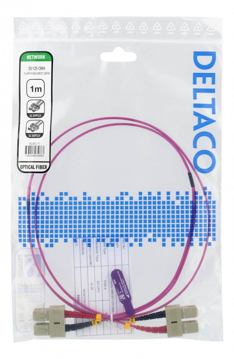 DELTACO OM4 Fiberkabel, SC - SC Duplex, 50/125, 1m, rosa