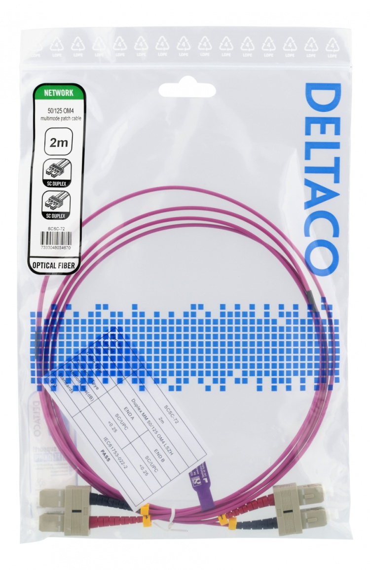 DELTACO OM4 Fiberkabel, SC-SC Duplex, 50/125, 2m, rosa