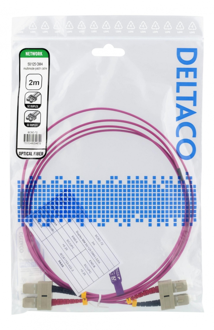 DELTACO OM4 Fiberkabel, SC-SC Duplex, 50/125, 2m, rosa