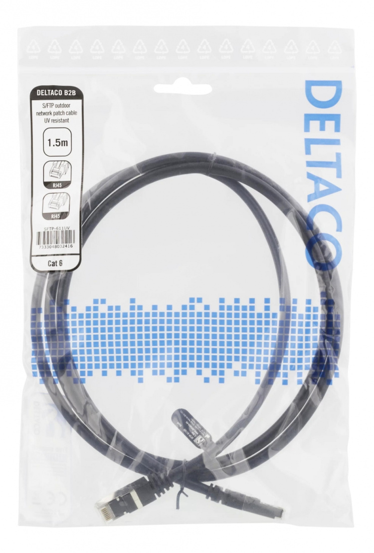 DELTACO S/FTP Cat6 patchkabel, 1,5 m, 250 MHz, UV-bestandig, svart