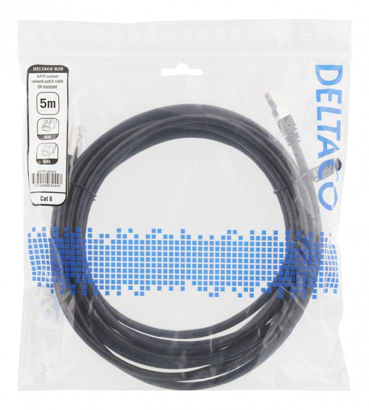 DELTACO S/FTP Cat6 patchkabel, 5m, 250MHz, UV-bestandig, svart