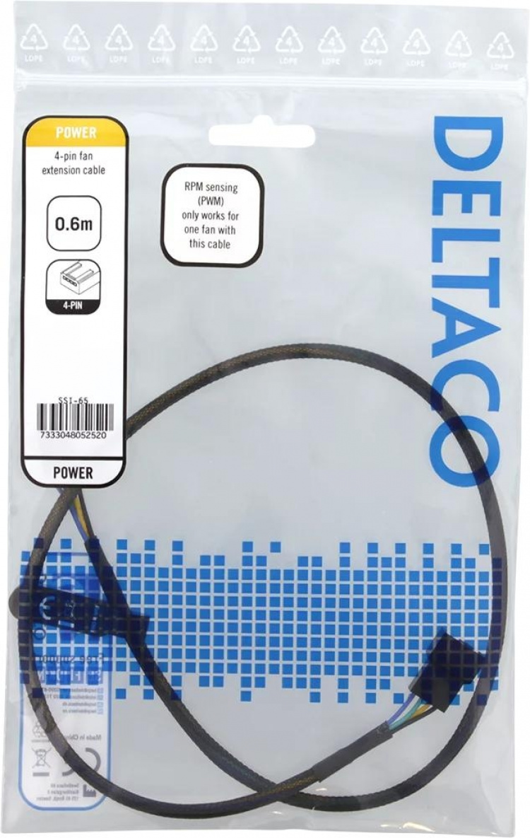 DELTACO Forlengelseskabel for 4-pinners vifter 0,6 m, svart