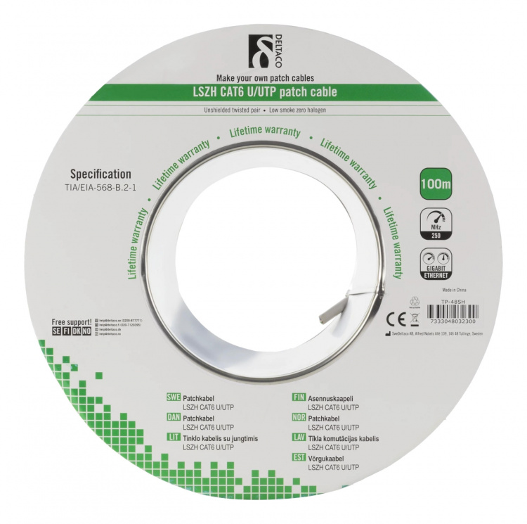 DELTACO U/UTP Cat6 patchkabel, LSZH, 100m spole, 250MHz, hvit