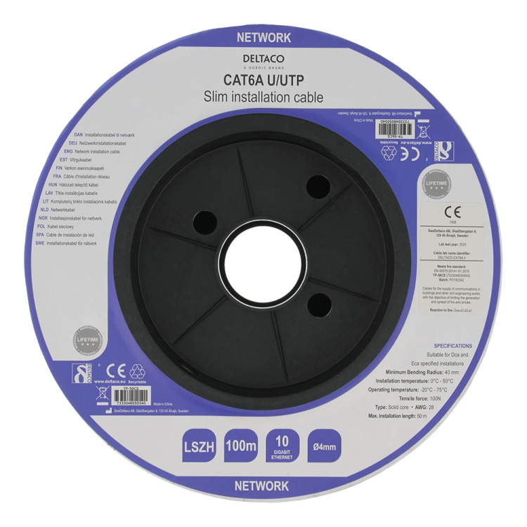 DELTACO U/UTP Cat6a installasjonskabel slank 28AWG 100m LSZH hvit