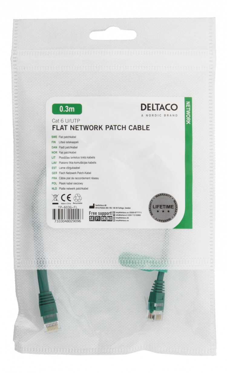 DELTACO U/UTP Cat6 patchkabel, flat, 0,3 m, 250 MHz, grønn
