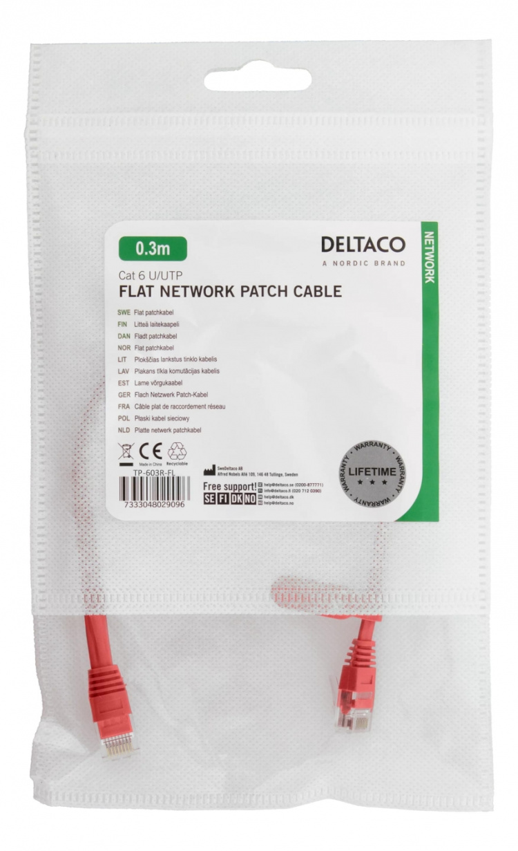 DELTACO U/UTP Cat6 patchkabel, flat, 0,3 m, 250 MHz, rød