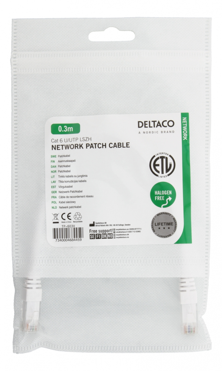 50-pack U/UTP Cat6 patch c., 0,5m, Delta-certif, LSZH, white