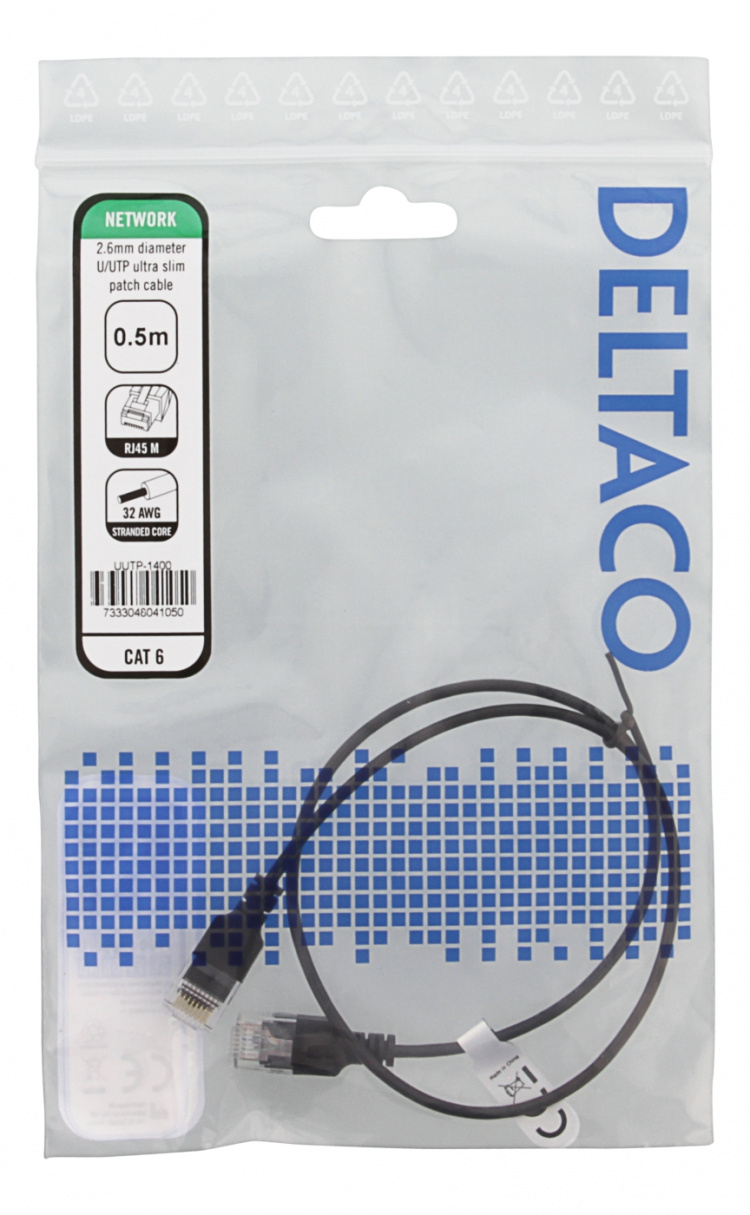 DELTACO Ultra Slim U/UTP Cat.6 patchkabel, 2.6mm, 0,5m, svart