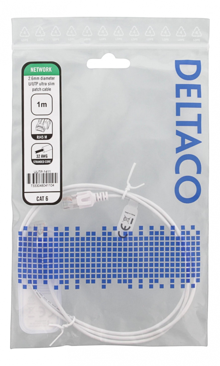 DELTACO U/FTP Cat6 patchkabel 2,6 mm⌀ 1m 500MHz hvit