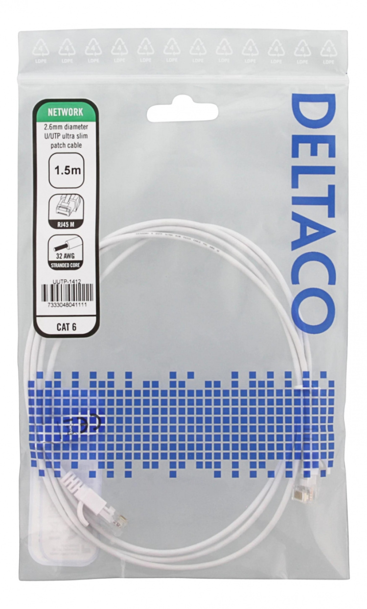 DELTACO Ultra Slim U/UTP Cat.6 patchkabel, OD:2,6 mm, 1,5 m, hvit