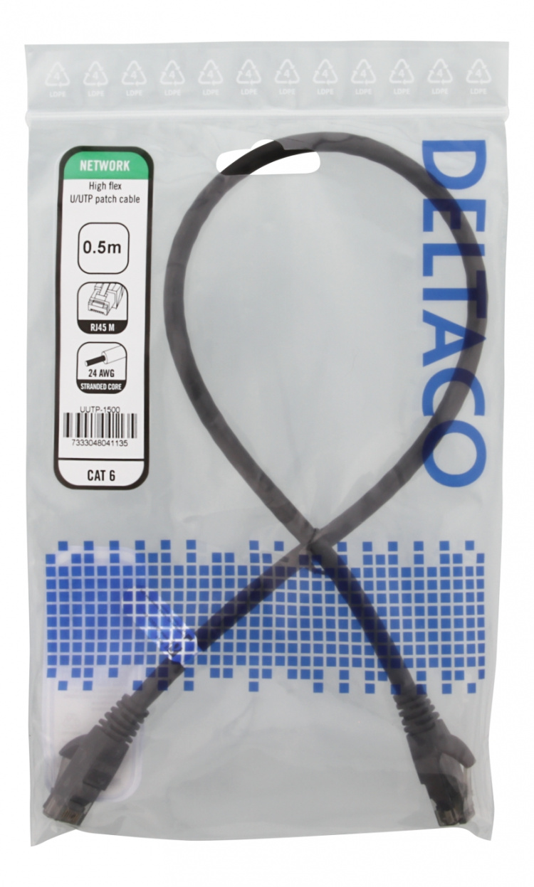 DELTACO U/UTP High Flex Cat6 patchkabel, 0,5m, flertrådig, 24AWG, svar