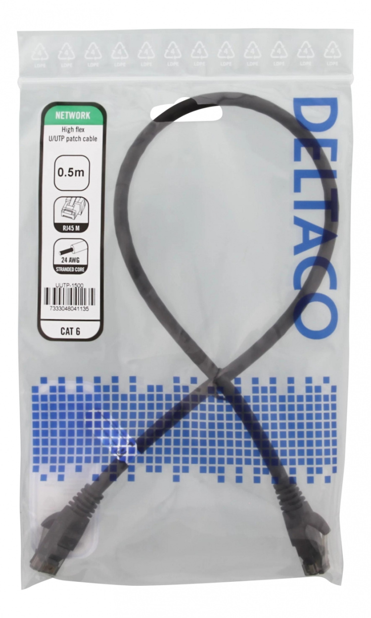 DELTACO U/UTP High Flex Cat6 patchkabel, 0,5m, flertrådig, 24AWG, svar