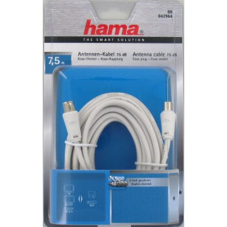 Hama antennekabel 7,5m hvit 75dB Hama antennekabel 7,5m hvit 75dB