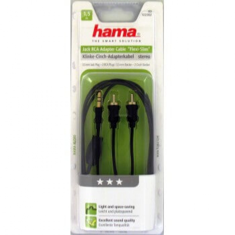 Hama Kabel Audio 3,5mm-2xRCA 1,5m Svart Flexislim TL Hama Kabel Audio 3,5mm-2xRCA 1,5m Svart Flexislim TL