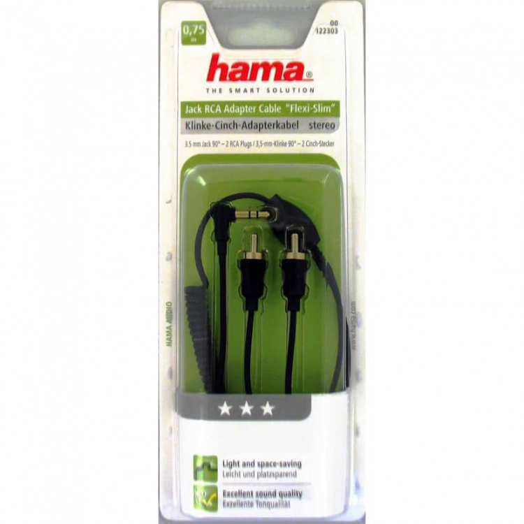 Hama audiokabel 3,5mm-2xRCA 0,75m vinklet 3,5 90° TL Hama audiokabel 3,5mm-2xRCA 0,75m vinklet 3,5 90° TL
