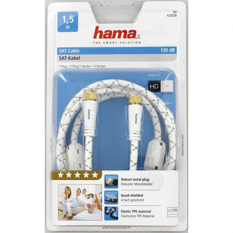 Hama Antennekabel SAT 120dB F plug-F plug 1.5 m Hvit PC Hama Antennekabel SAT 120dB F plug-F plug 1.5 m Hvit PC