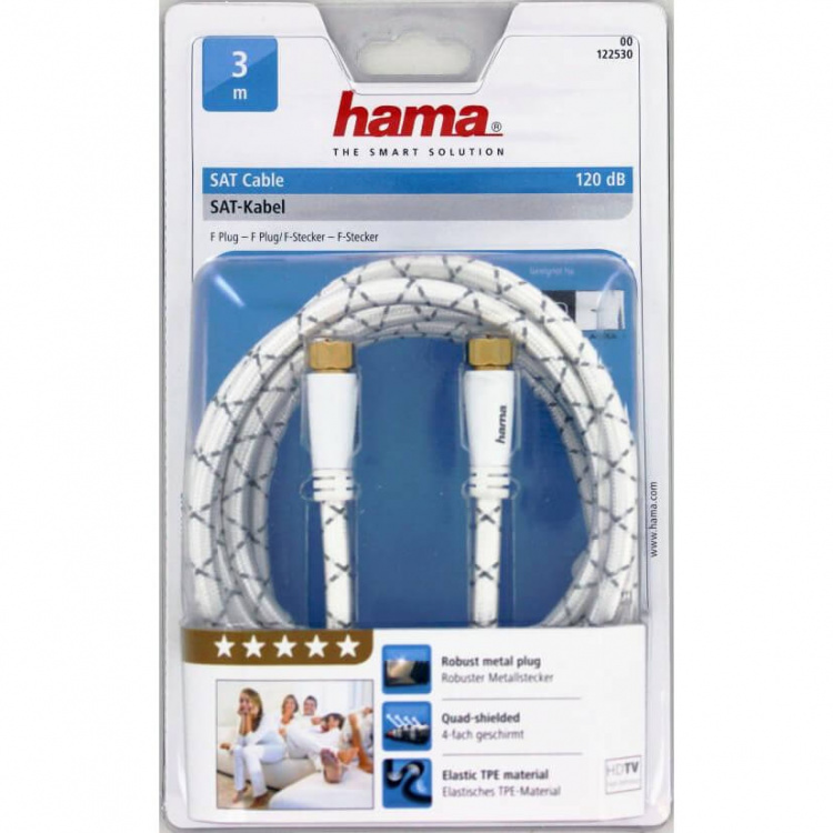 Hama Antennekabel SAT 120dB F plug-F plug 3 m Hvit PC Hama Antennekabel SAT 120dB F plug-F plug 3 m Hvit PC