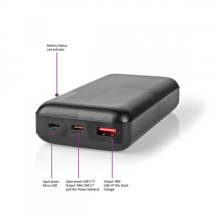 Nedis Power Bank | 20000 mAh | 1.5 / 2.0 / 3.0 A | Antall utganger: 2 | Utgangstilkobling: 1x USB-A / 1x USB-C™ | Inngangstilkobling: 1x Micro USB / 1x USB-C™ | PD2.0 18W | Lithium-Polymer Nedis Power Bank | 20000 mAh | 1.5 / 2.0 / 3.0 A | Antall utganger: 2 | Utgangstilkobling: 1x USB-A / 1x USB-C™ | Inngangstilkobling: 1x Micro USB / 1x USB-C™ | PD2.0 18W | Lithium-Polymer