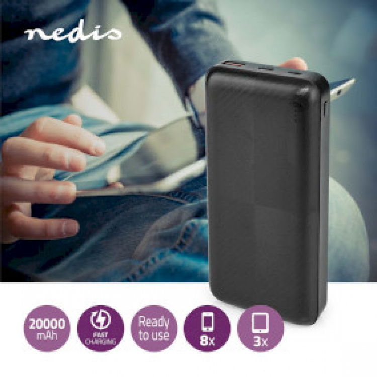 Nedis Power Bank | 20000 mAh | 1.5 / 2.0 / 3.0 A | Antall utganger: 2 | Utgangstilkobling: 1x USB-A / 1x USB-C™ | Inngangstilkobling: 1x Micro USB / 1x USB-C™ | PD2.0 18W | Lithium-Polymer Nedis Power Bank | 20000 mAh | 1.5 / 2.0 / 3.0 A | Antall utganger: 2 | Utgangstilkobling: 1x USB-A / 1x USB-C™ | Inngangstilkobling: 1x Micro USB / 1x USB-C™ | PD2.0 18W | Lithium-Polymer